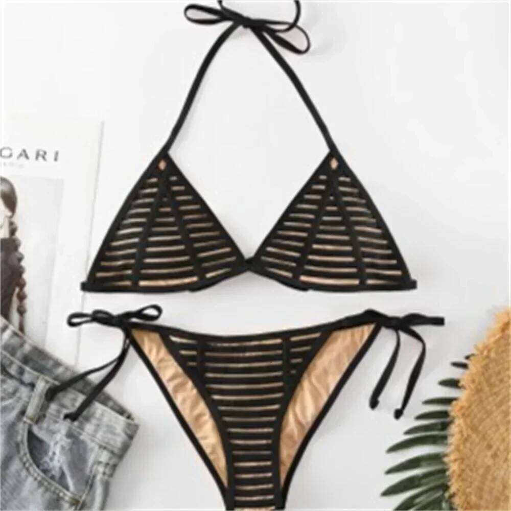 Black Sexy Micro Bikini Triangle Swimsuit Punk Swimwear Halter String Women Trend Two Piece Beach Thong Bathing Suit Bikinis Set XJ260206