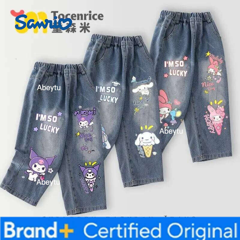 Sanrio My Melody Hello Kitty Kuromi Straight Cut Wide-Leg Jeans Girl Spring, Autumn, and Winter Thicken Pants Children Clothing H260206