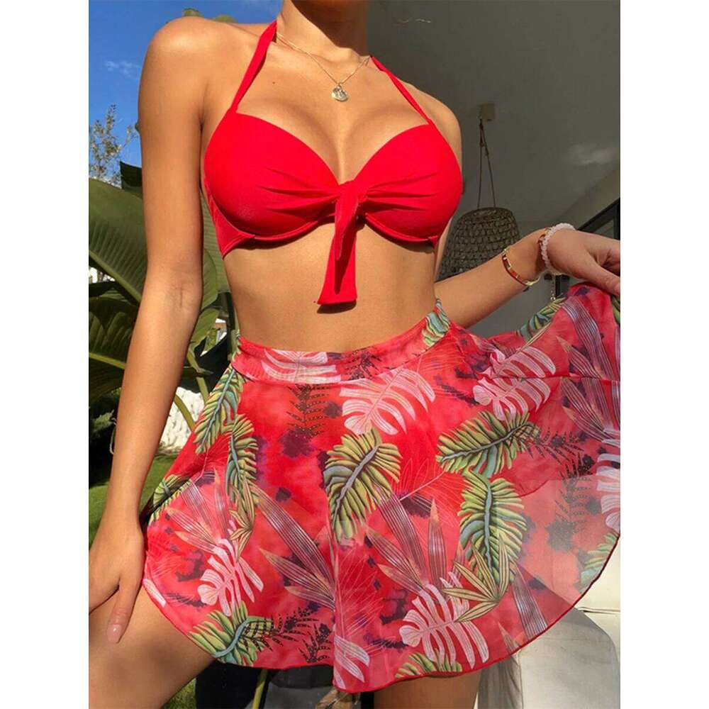 3 Piece Tropical Bikini Halter Push Up Swimsuit & Beach Shirt Swimwear Women 2025 Bathers Bathing Swimming Suit Female Beachwear XJ260206