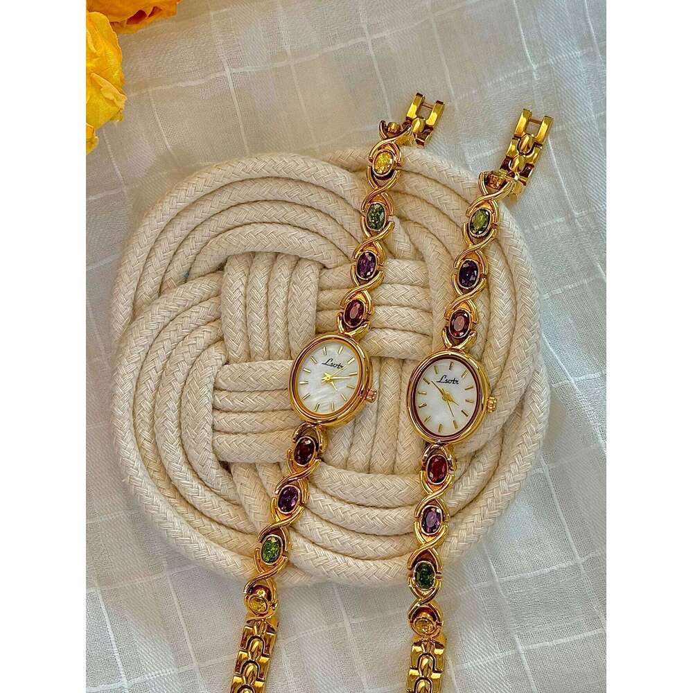 1 Piece of New High-End Colorfuled Tourmaline Gem Rhinestone Inlaid Accessible Luxury Retro Elegant Fashion Women's Watch Oval Mother-Of-Pearl Di