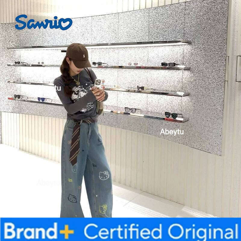 Sanrio Hello Kitty Jeans Denim For Plus Size Women Autumn Fashion Embroidery Loose Fit Slimming Straight Leg Niche Design H260206