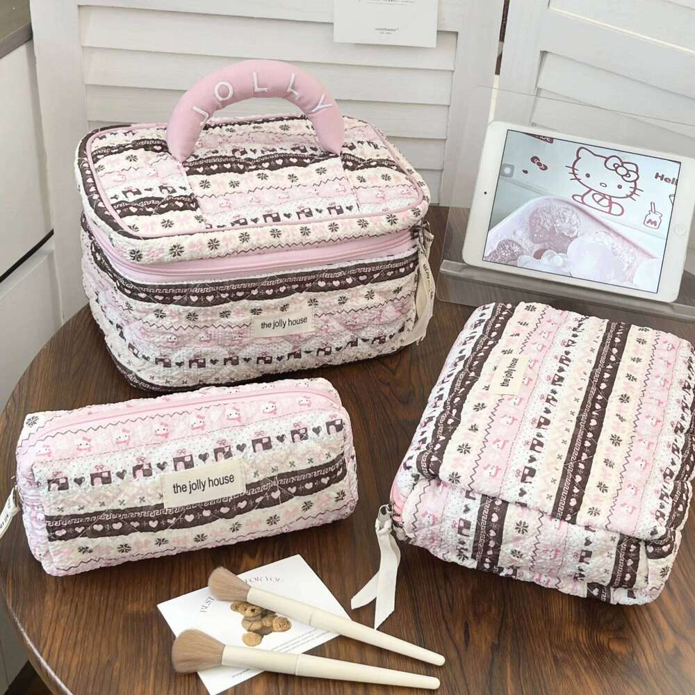 3pcs Quilted Cute Makeup Bag Set Travel Cosmetic Organizer with Handle for Toiletry Beauty Essentials Multiple Patterns Y260206