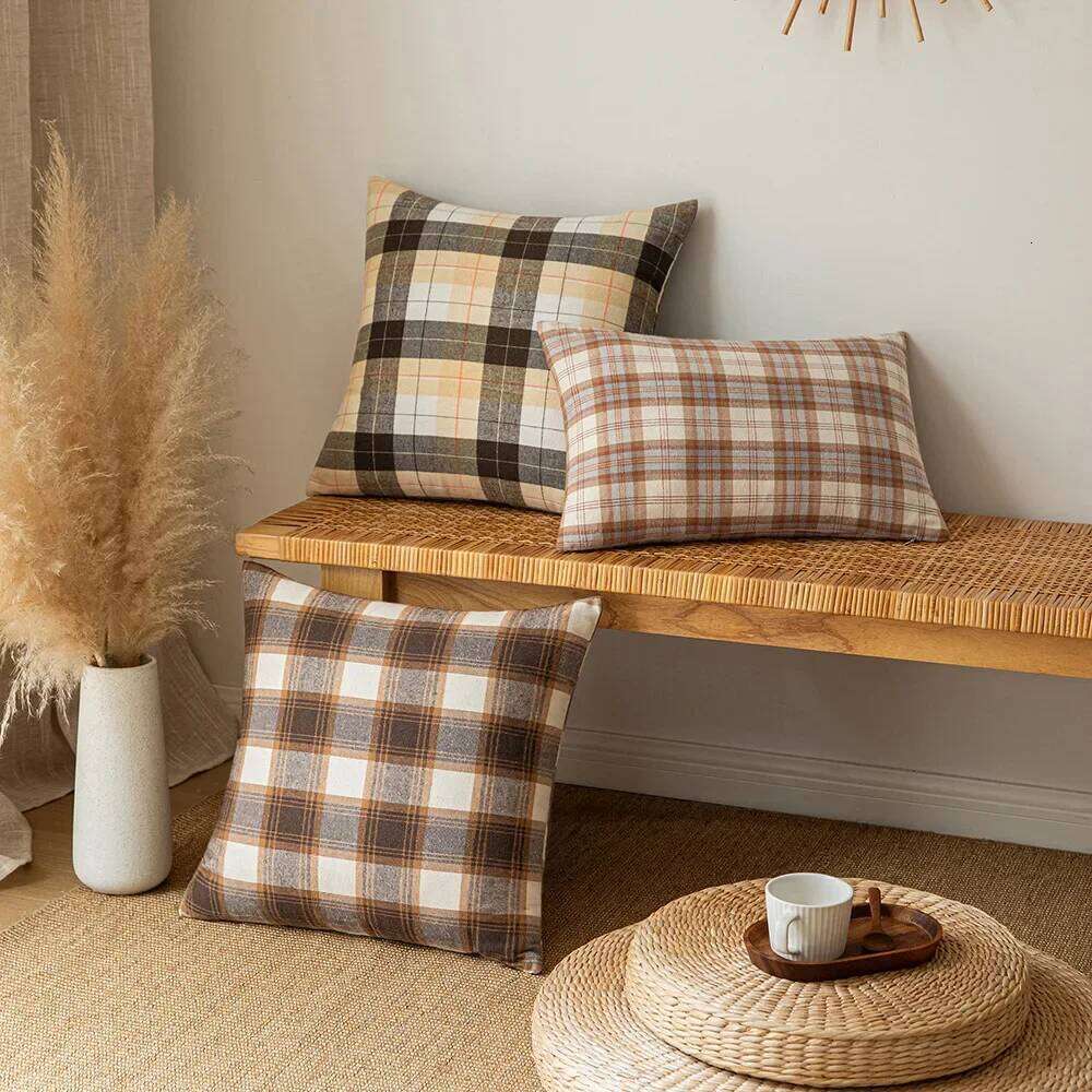 Plaid Zipper Classical Cushion Covers Comfort Brown Yellow Rustic Red Throw Pillowcase For Home Sofa Bed Living Room Decorative