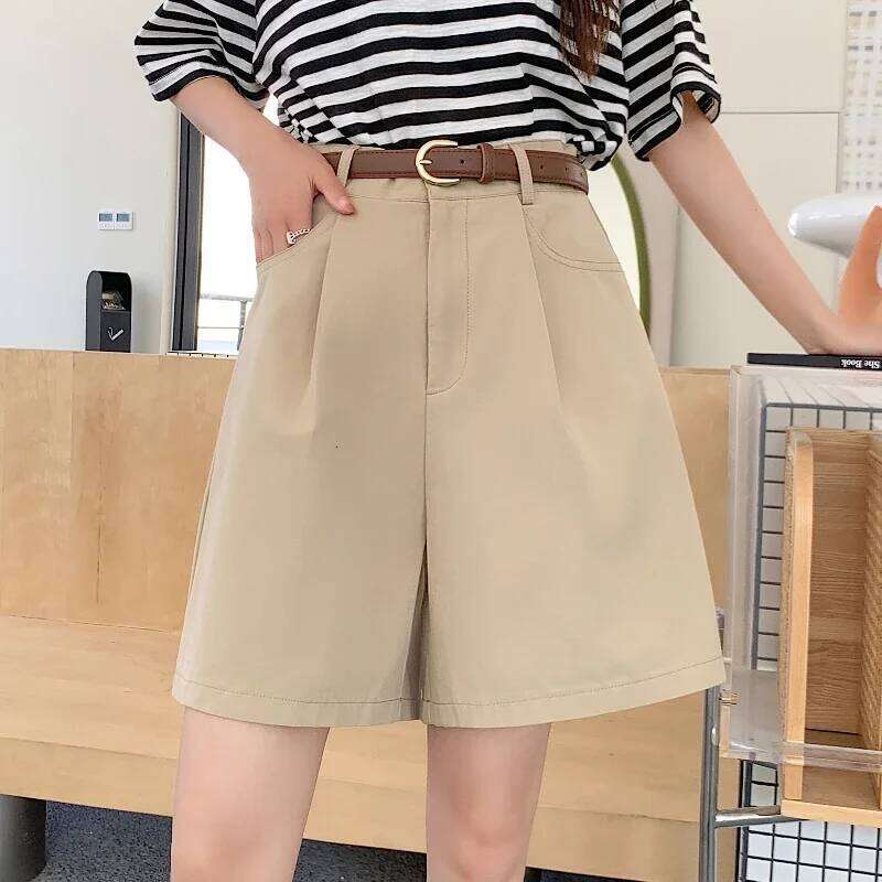 2025 New Cotton and Linen Cargo Shorts for Women Summer Solid High Waist Korean Casual Loose Wide Leg Short Pants Female H260206