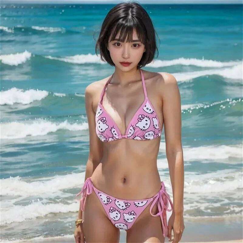 Swimsuit Hello Kitty Print Cute Girls Sexy Bikinis Set Bandage Sweet 2Pcs Micro Bikini Swimwear Women Bathing Suit Beach Summer Z260206