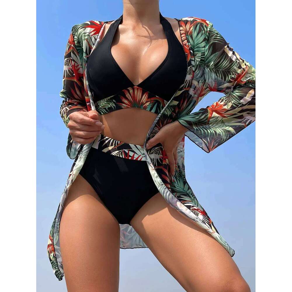 Halter Print Bikini Sets 3PCS Women Swimsuit With Kimono High Waist Swimwear Female Bathers Bathing Swimming Swim Suit Beachwear Z260206