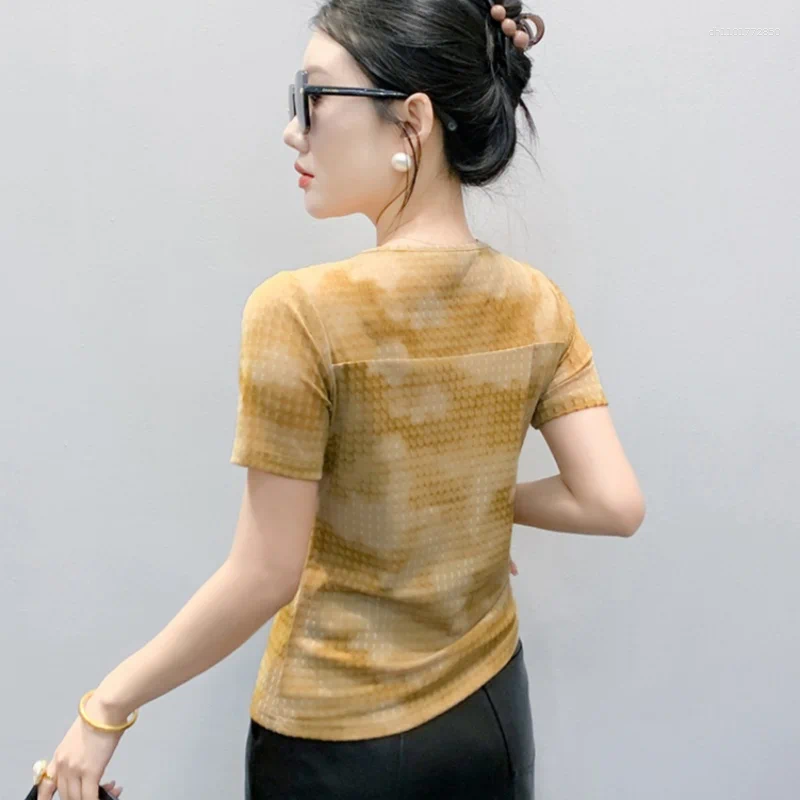 Women's T Shirts Women Round Neck Beaded Mesh T-Shirt Summer 2026 Short Sleeves Casual Clothing Female Fashion Hollowed Out Tees Tops