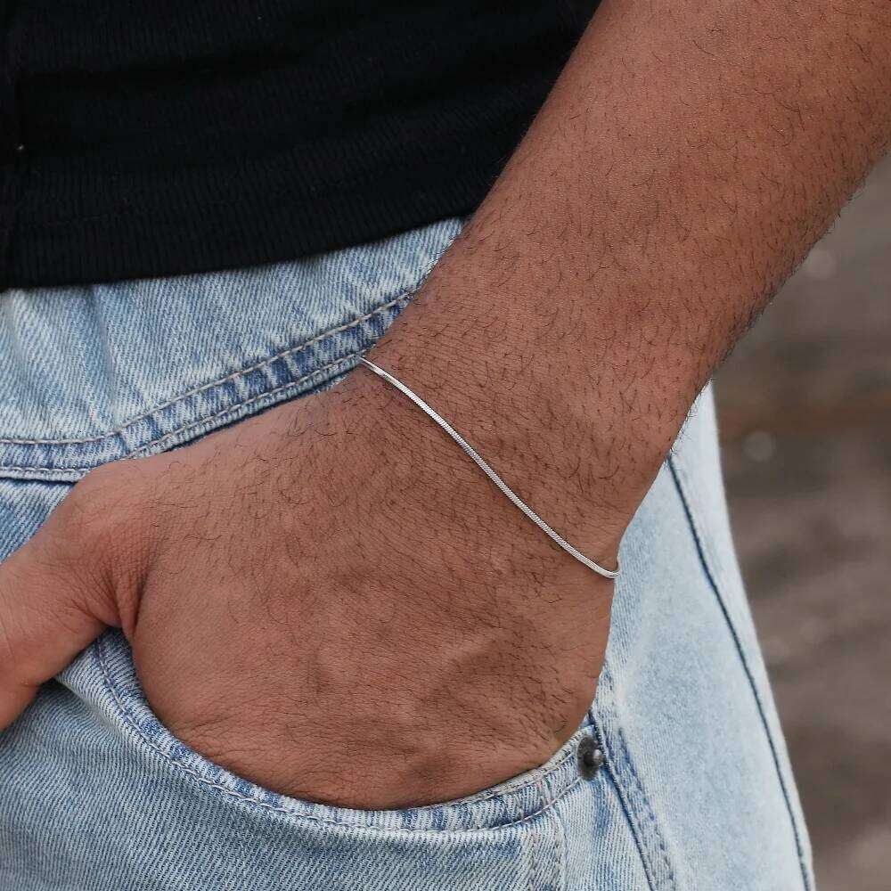 Men Silver Color Stainless Steel Snake Bone Simple Thin Chain Bracelet For Women Fashionable Men's Street Jewelry 26H0206