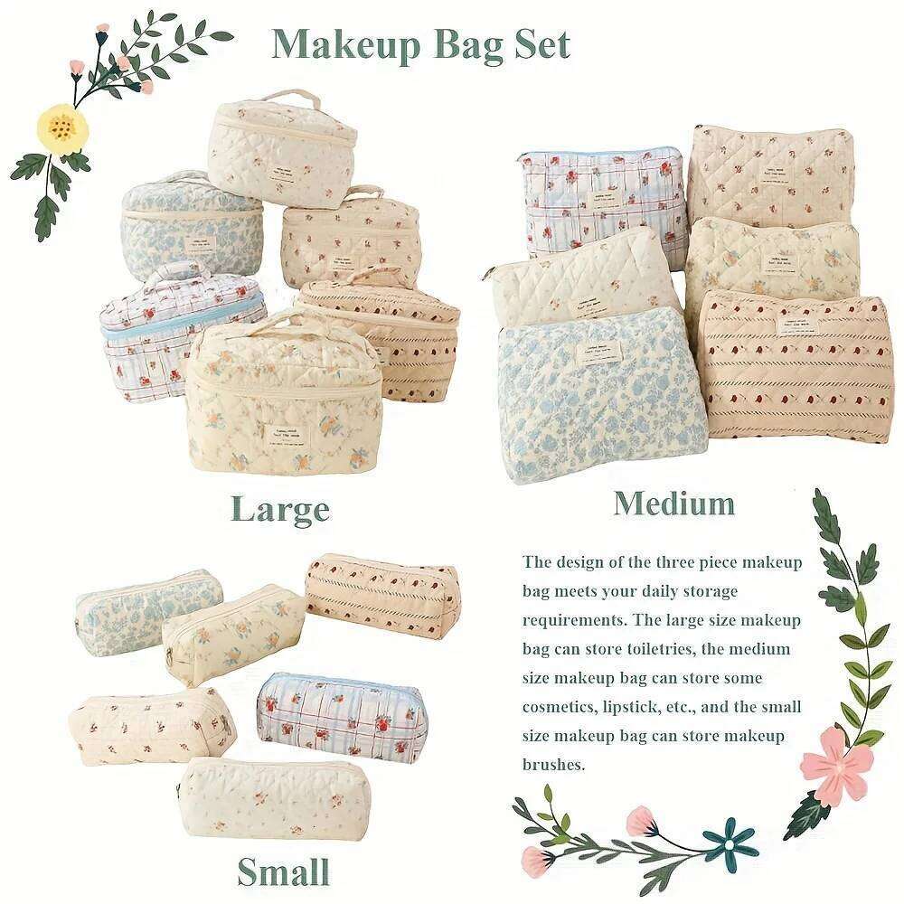Large Travel Quilted Makeup for Women, Cotton Cosmetic Bag, Coquette Aesthetic Floral Toiletry Organizer Bag Y260206