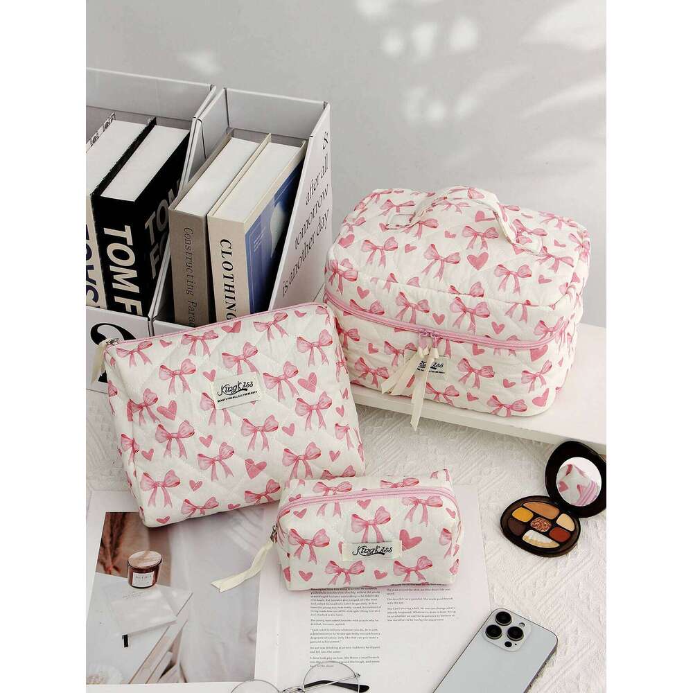 Bow Pattern Bag Set, Cute Cosmetic Large Capacity Travel Toiletry Bag, Zipper Makeup Organizer Pouch Y260206