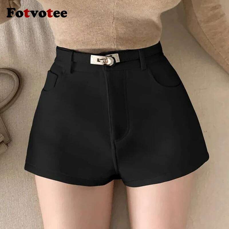 FOTVOTEE Fashion High Waisted Women Casual Solid Slim Short Pants with Belt 2025 New Retro All Match Simple Female Shorts XJ260206