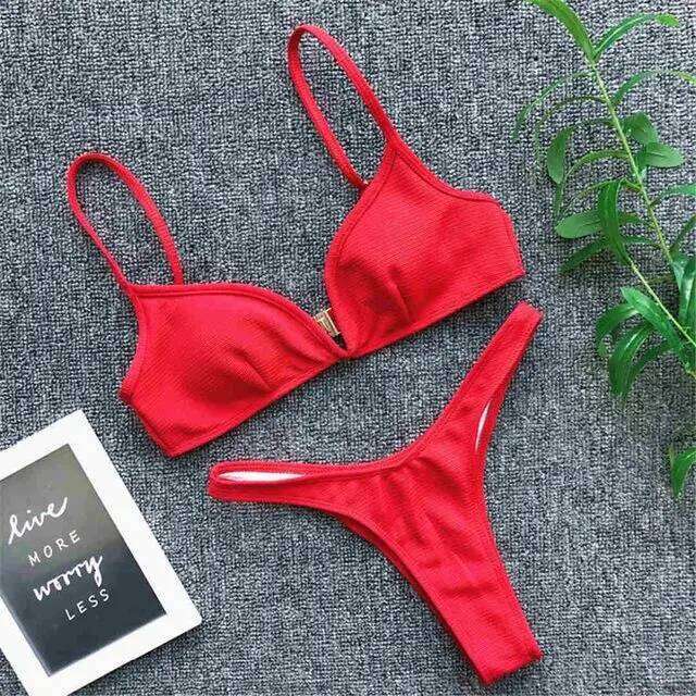 New Solid Striped Sexy Bikini Women's V-shaped Vacation Swimsuit Z260206