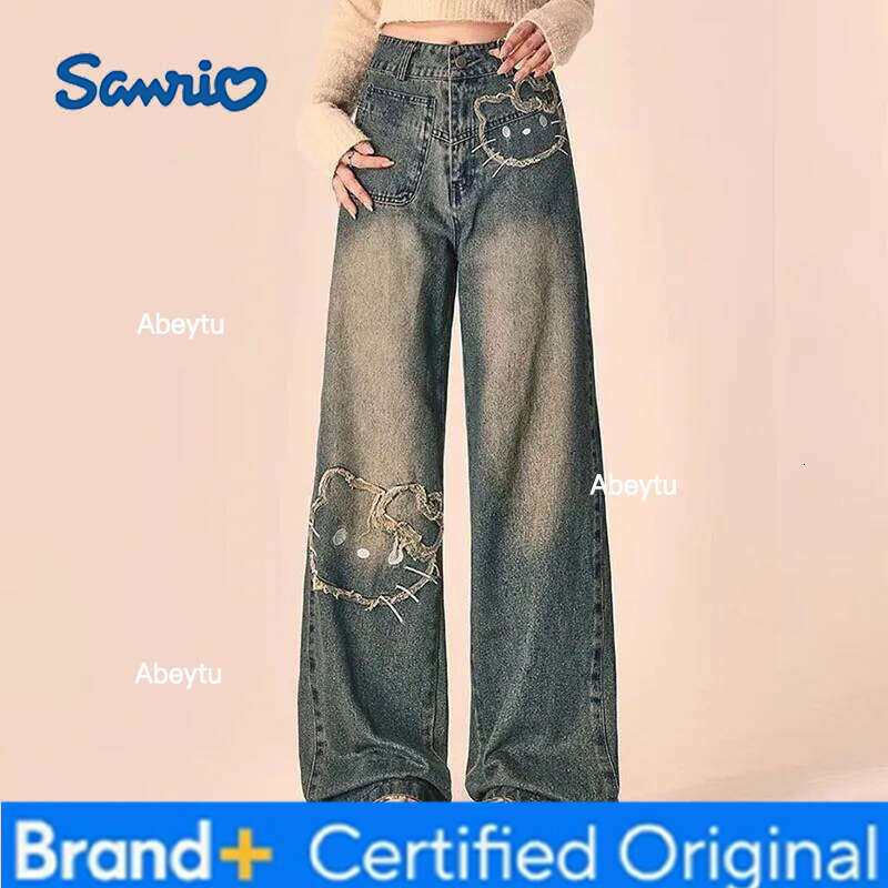 Sanrio Street Vintage Embroidered Pic Wide Leg Jeans Women's Summer New High Waist Loose Elegant Student Straight Denim Trousers H260206