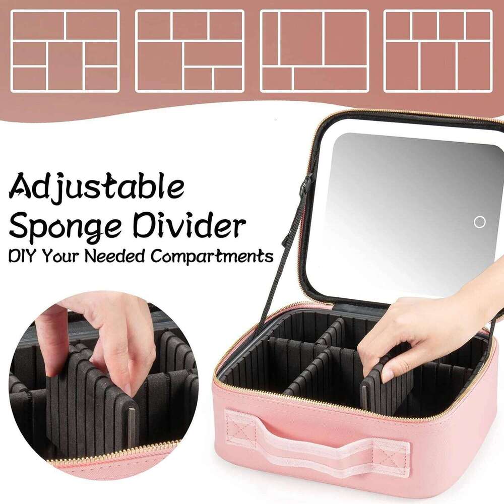 Makeup Bag LED Mirror Travel Large Train Case Cosmetic Organizer Make Up Bags with 3 Color Lights and Adjustable Dividers Y260206