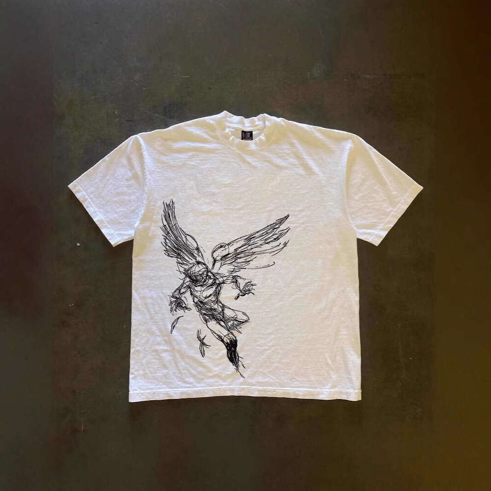 250g heavy weight pure cotton! College style vintage retro unisex sports short-sleeve T-shirt with cartoon wing print