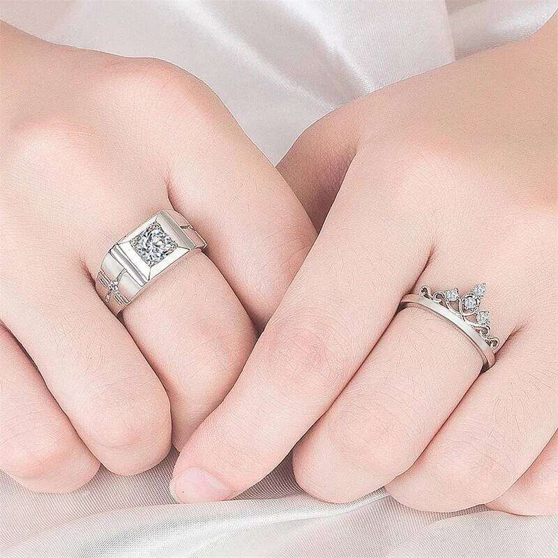 Luxury Zircon Couple Paired Rings For Women Men Exquisite Crown Flower Promise Adjustable Finger Ring Lover Wedding Jewelry Gift W260206