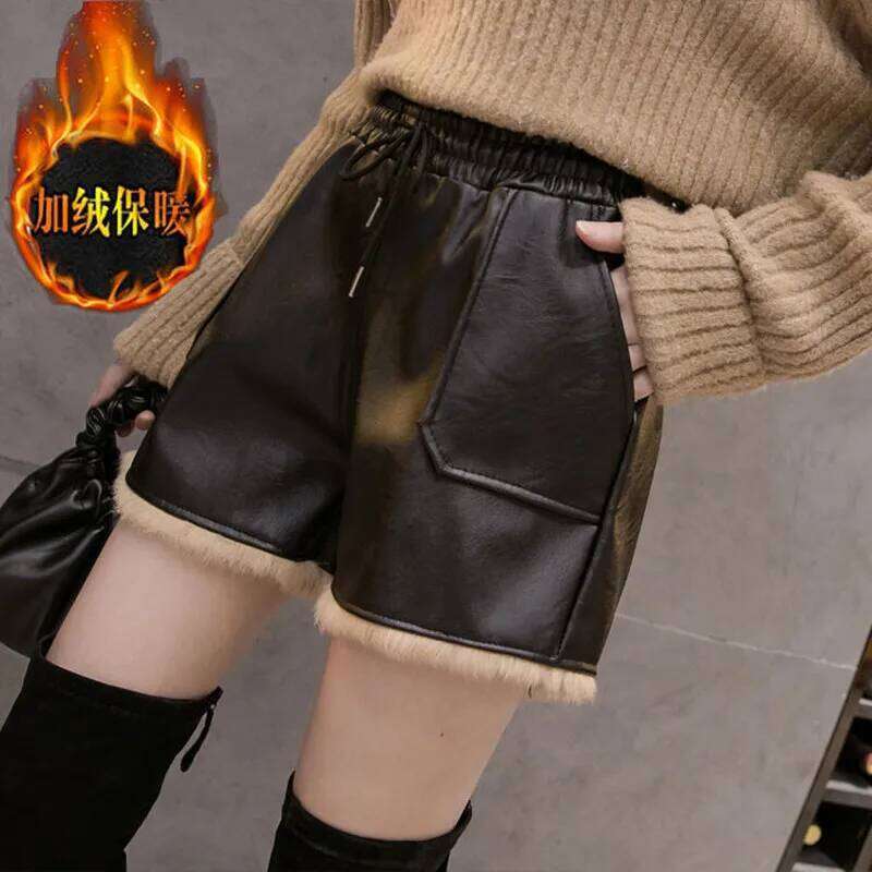 Women's Elastic Fleece Shorts, High Waist, Thick, Warm, PU, Casual, Ladies, Black Boots Pant, New, Autumn, Winter 2024 XJ260206