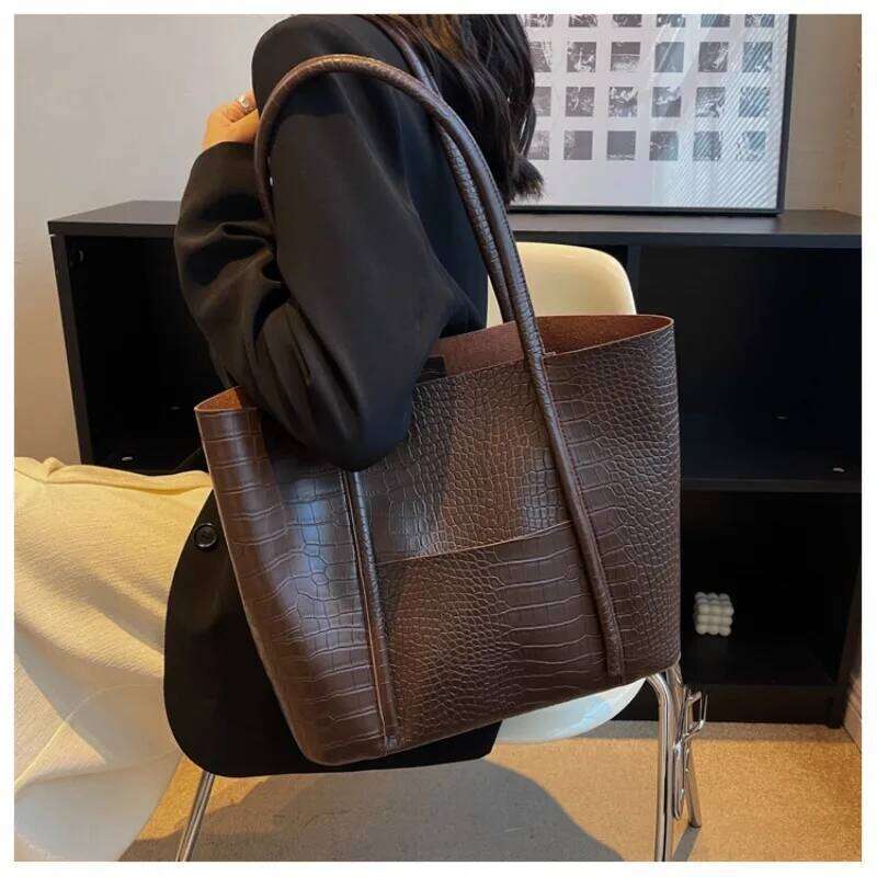 Crocodile Pattern Women Set 2-IN-1 Large Capacity Shopping Totes Shoulder Bags with Pure Color Soft PU Leather Big Tote Bag Y260205