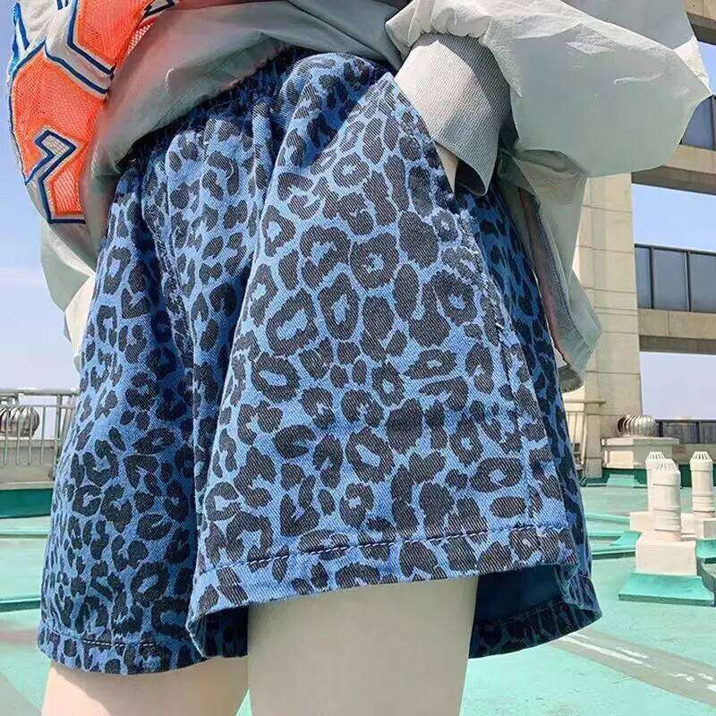 New Summer Blue Leopard Print Shorts for Women Loose Wide-leg Elastic Waist Personality Casual Jeans Hot Pants XJ260206