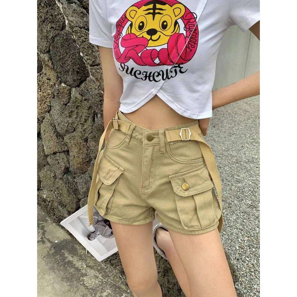 Cargo Denim Shorts Women High Waist Big Pockets Safari Style Feminino Stylish College American Retro Streetwear Youthful C260206