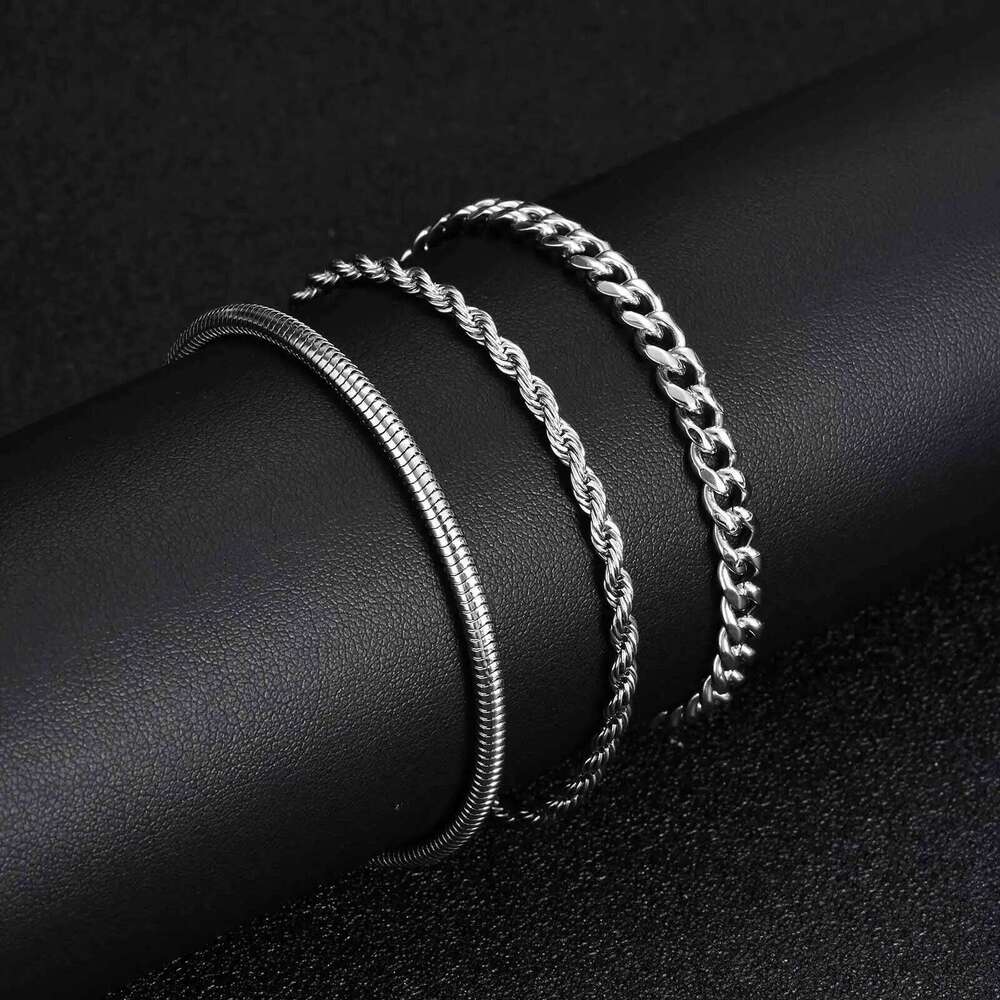 3pcs/set Cuban Chain Bracelet for Men,Classic Stainless Steel Stacked Bracelet,Punk Basic Chains Jewelry Gifts 26H0206
