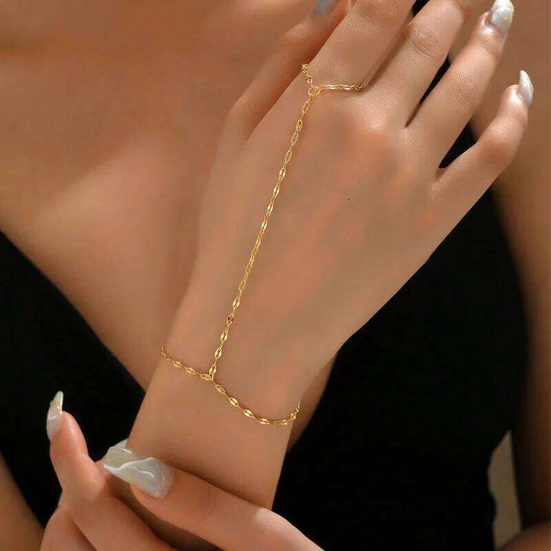 Trendy Gold Color Dainty for Women Simple Thin Link Chain Connecting Harness Bracelet Ring Hand Jewelry Gift 26H0206