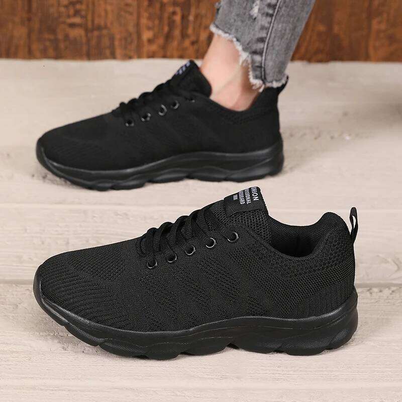 Women Sneakers Fashion Lace Up Mesh Breathable Outdoor Walking Black Dirt Resistant Daily Versatile Platform Tennis Shoes
