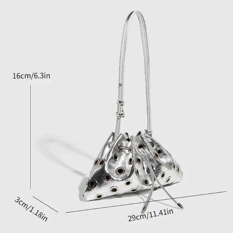 Women Metal Stud Shoulder Large Capacity Retro Hollow Drawstring Crossbody Bag Shopping Vacation Handbag Y260205