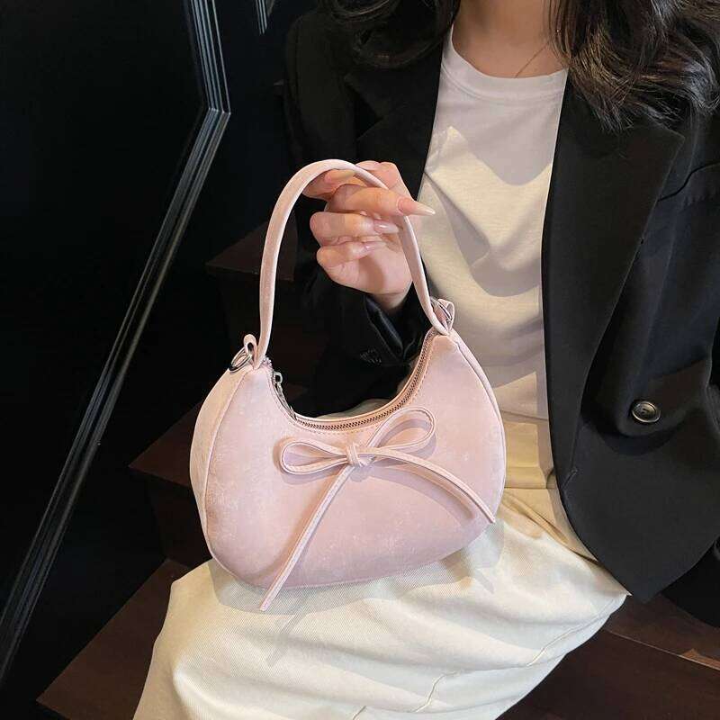 Half Moon Solid Zipper PU Shoulder and Crossbody Bags Simple Fresh Versatile Bow Compact Handbags for Women 2025 Fashion New Y260205