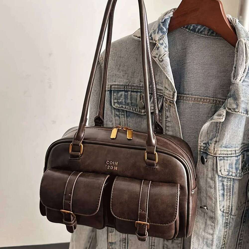 Women's Coffee Brown Multi-Pocket Handbag Shoulder Bag, Stylish Versatile Letter Crossbody Purse for Travel Work Shopping Dates Y260205