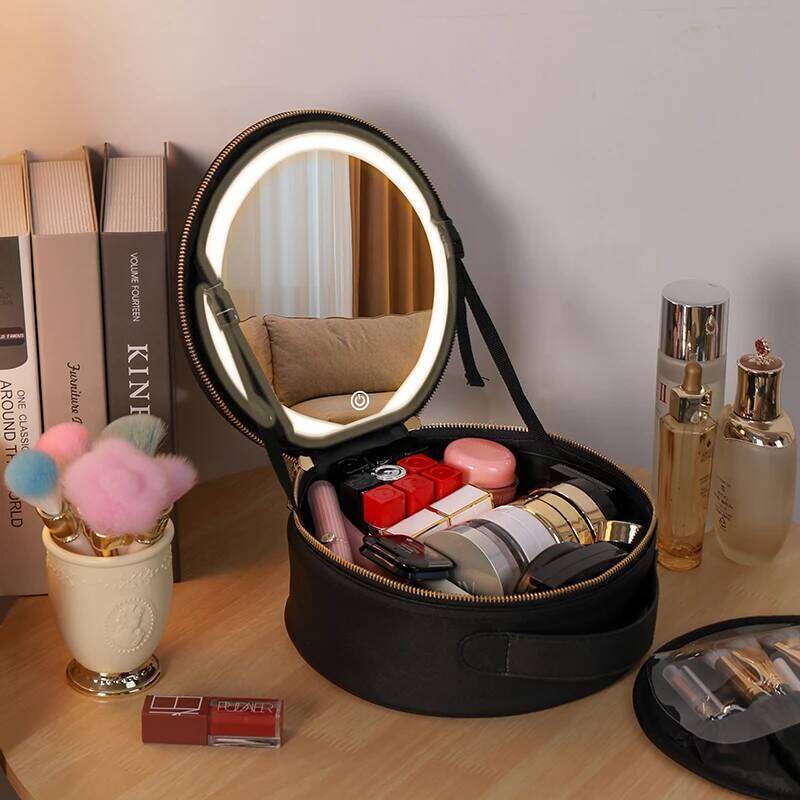 LED Illuminated Travel Makeup bag, USB Powered, Foldable Countertop Cosmetic Cases, PU Leather, with 3 Color Lighting Modes Y260206