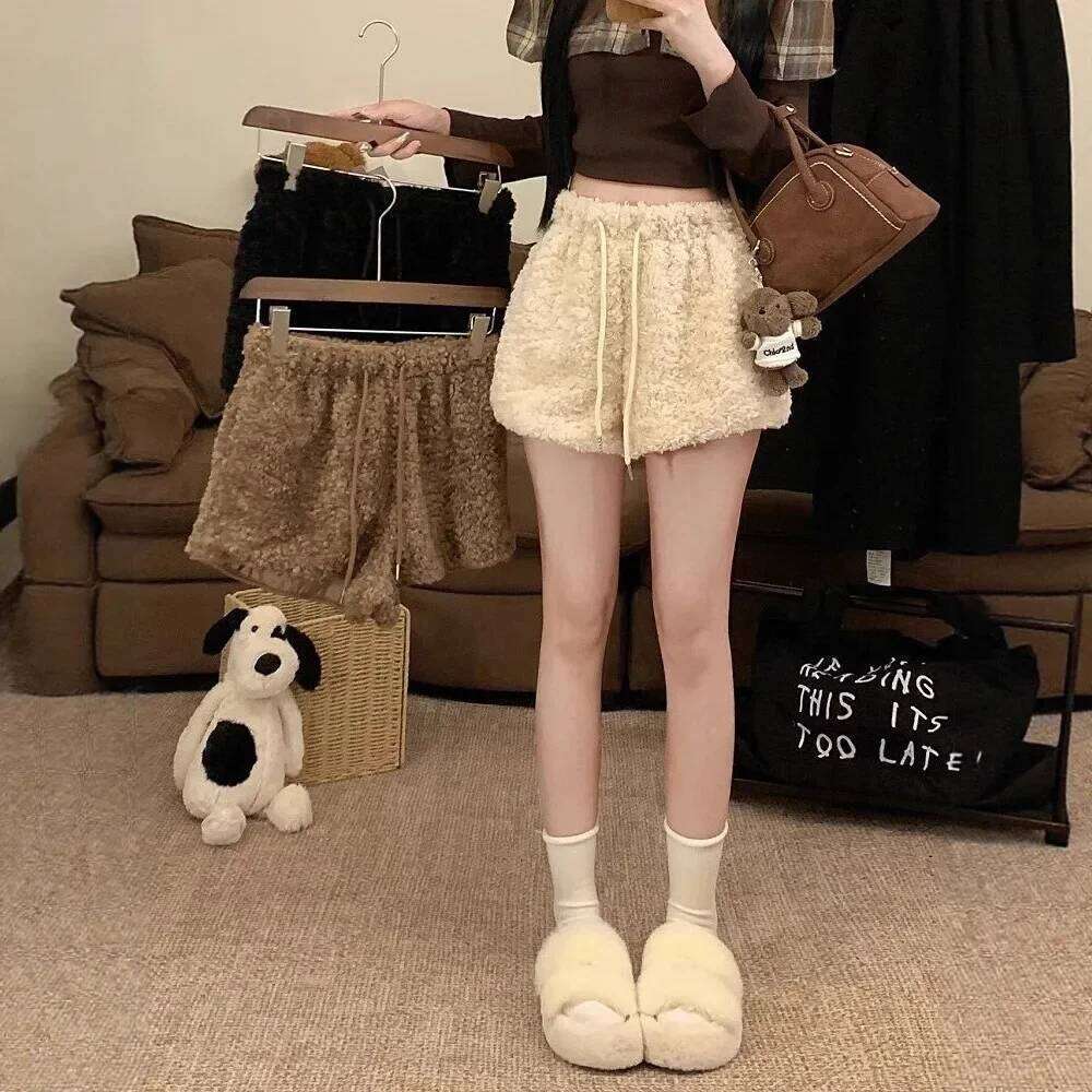 Women's Thickened Lamb Fur Short Winter High Waist Straight Wide Leg Boots A- Line Casual Pants Polyester Fiber XJ260206