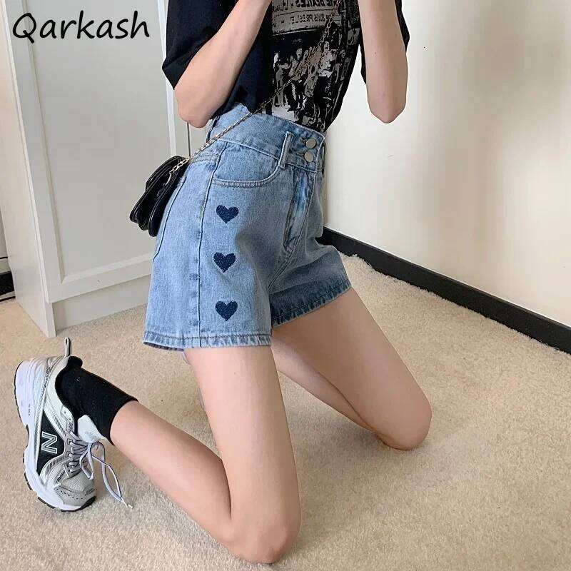 Denim Shorts Women Loose High Waist Sweetheart Embroidery Design Lovely Students Casual Wide Leg Fashion Korean Harajuku Vintage H260206