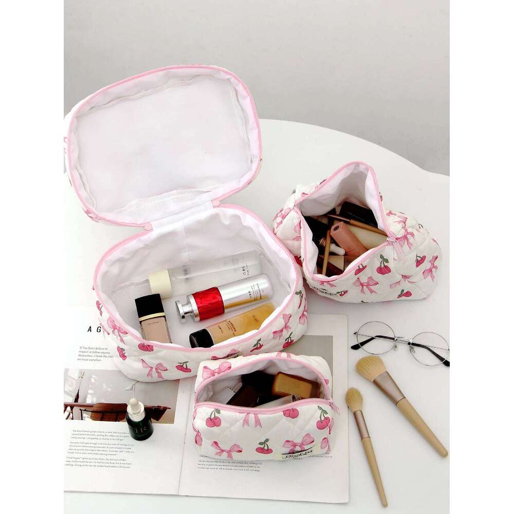 1pc/set Cherry Bow Quilted Multifunctional Handheld Makeup Bag, Portable Toiletry Bag Set with Zipper Y260206