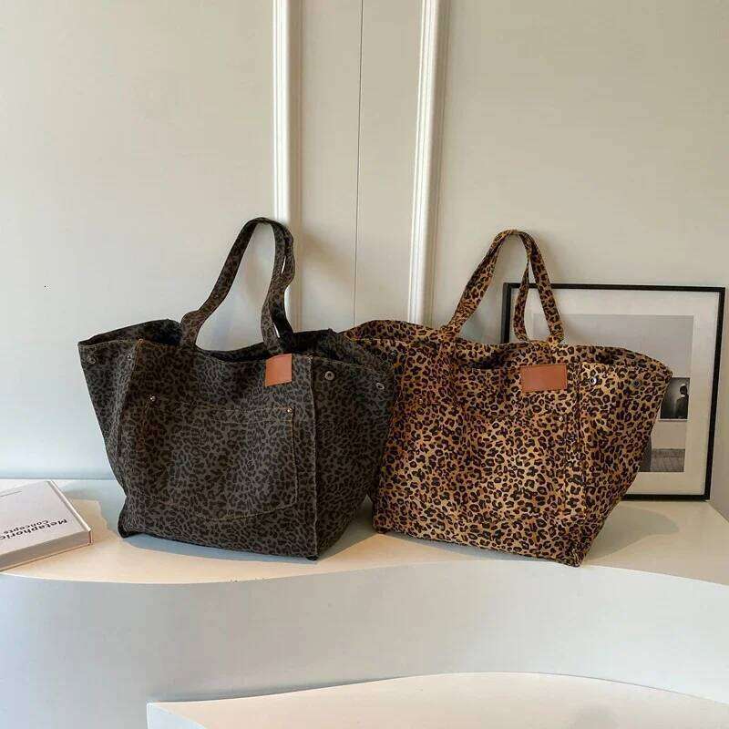 Leopard Pattern Tote Vintage Canvas Shoulder Bag Fashion Big Capacity Handbag For School Work Shopping Y260205