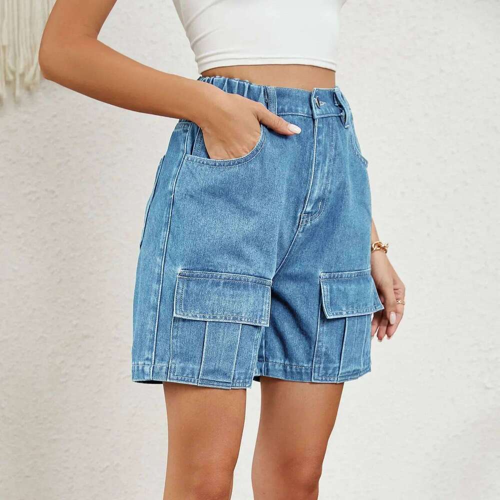 Jeans Women Cargo Pant Short Pants Slim Fit Casual Elegant Splice Denim Trousers Button Pocket Elastic Waist Solid Summer C260206