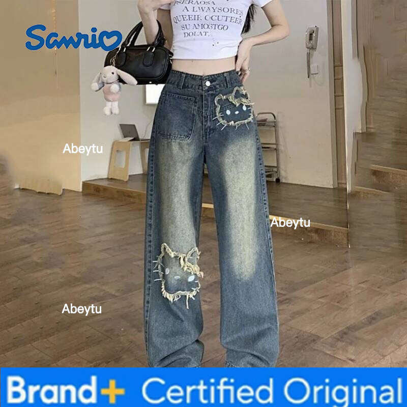 Sanrio Hello Kitty Kuromi Cartoon Pure Cotton Jeans Girl High Waist Fashion Leisure Graffiti Loose Retro Wide-Leg Pants Birthday Gift H260206