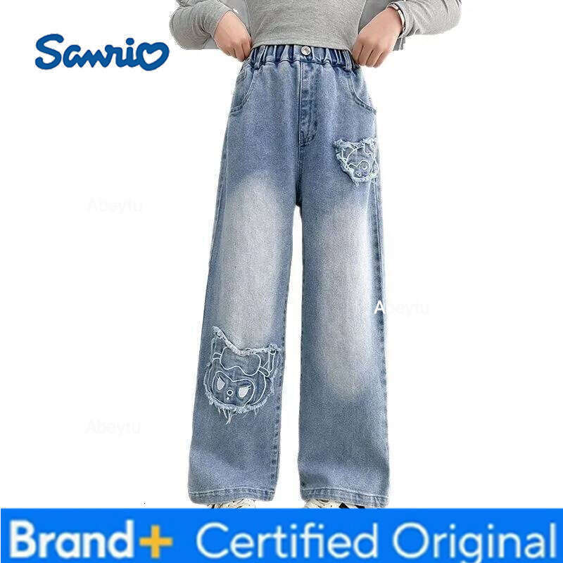 Sanrio New Autumn Korean Children With Cartoon Cat For Girl Elegant Straight Fit Denim Pants Kids Fashion Street Jeans Trousers H260206