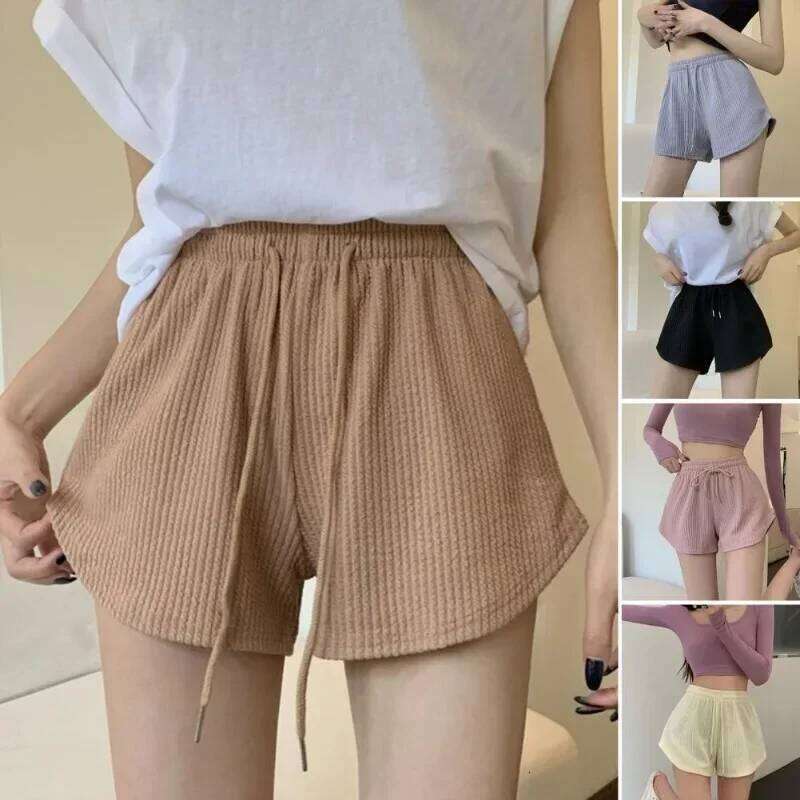 Women Summer High Elastic Lace Up Drawstring Wide Leg Sweat Short Fitness Running Shorts Loose Casual Large Sports Pants XJ260206