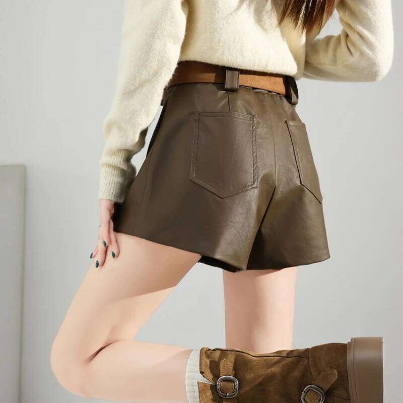 High Quality PU Leather Shorts Women Fall Winter High-waisted Wide-leg Boots with Belt Female Vintage A-line Short Pant 2025 XJ260206