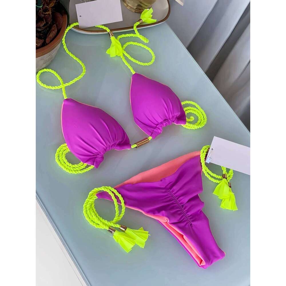 2025 Sexy Solid color Two-piece Triangle Swimwear Women Swimsuit Braiding rope Bikinis Set Beach Bathing Suit Brazilian Biquinis Z260206