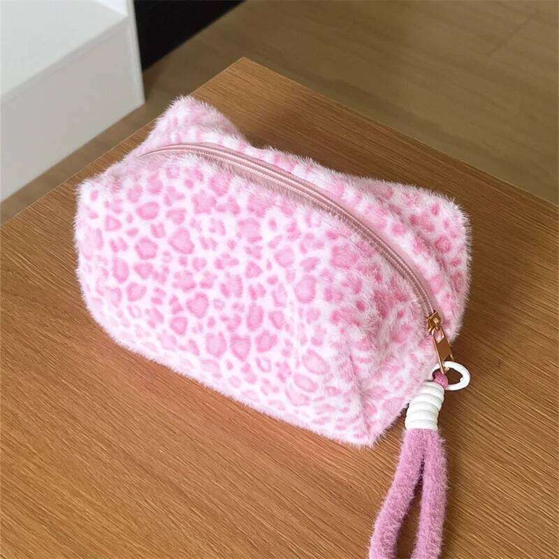 Plush Pink Color Leopard Print Schoolgirl Makeup Large Cosmetic Tote Bag for Women Cute Portable Travel Hand Carry Organizer Y260206