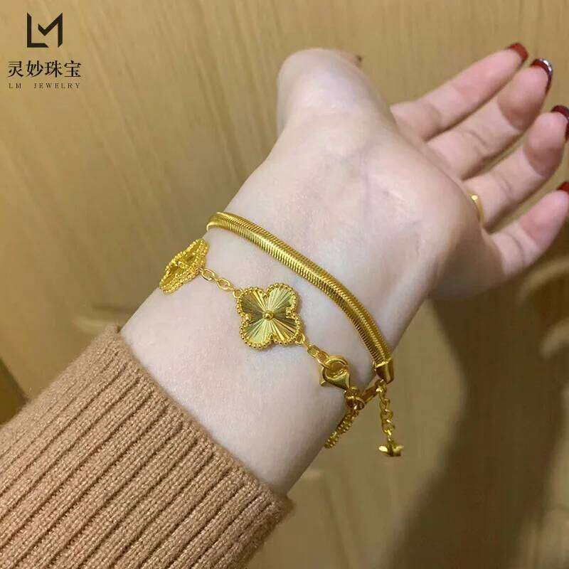 Unisex Luxury Flat Snake Bone Bracelet 24K Gold - Universal style, smooth chain, AU999 quality guarantee 26H0206