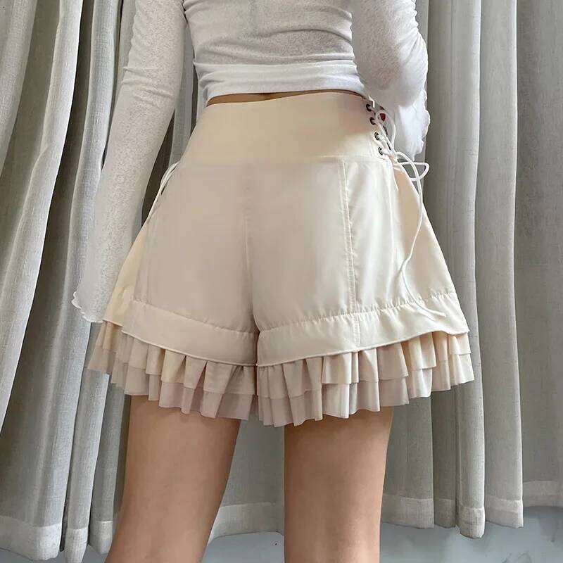 Vintage Sweet Bandage Ruffles Slim Solid High-Waisted Patchwork Shorts Women 2025 Summer Fashion Streetwear Lady XJ260206
