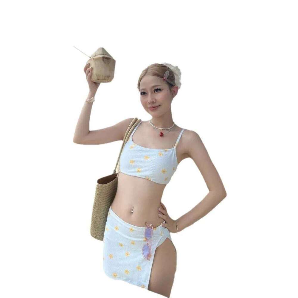 New 3 Pieces Set Floral Swimsuit Women Ribbed Swimwear Sexy Bandeau Bikini with Sarong Skirts Beach Wear Bathing Suit Korean Z260206