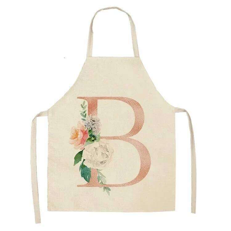 Pink Letter Flower Kitchen Aprons for Women Cotton Linen Bibs Household Cleaning Pinafore Home Cooking Apron S260205