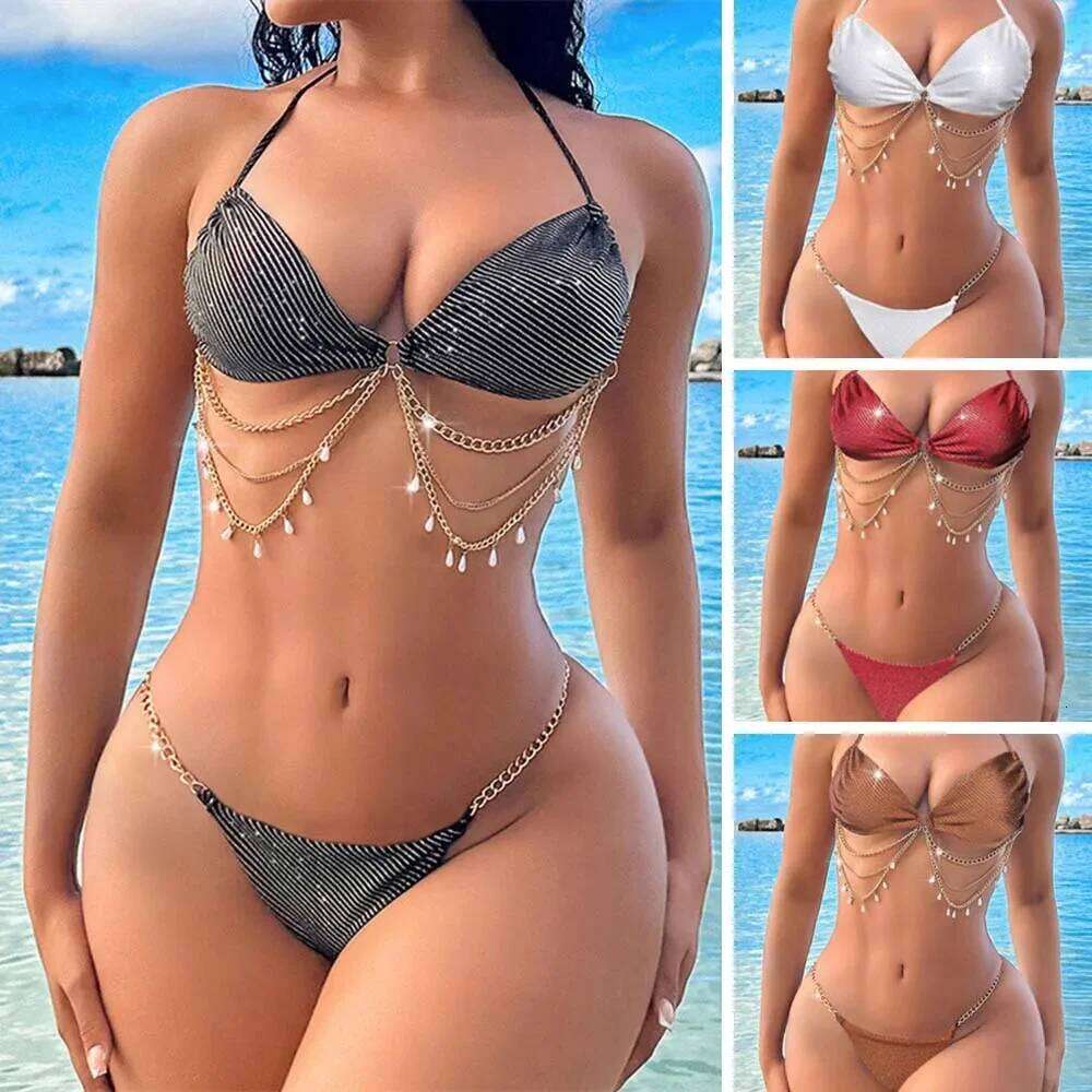 Sexy Brazilian Bikini Push Up Swimwear Women Glitter String 2 Piece Swimsuit Blingbling Chain Bathing Suit Biquini Femme Bather XJ260206