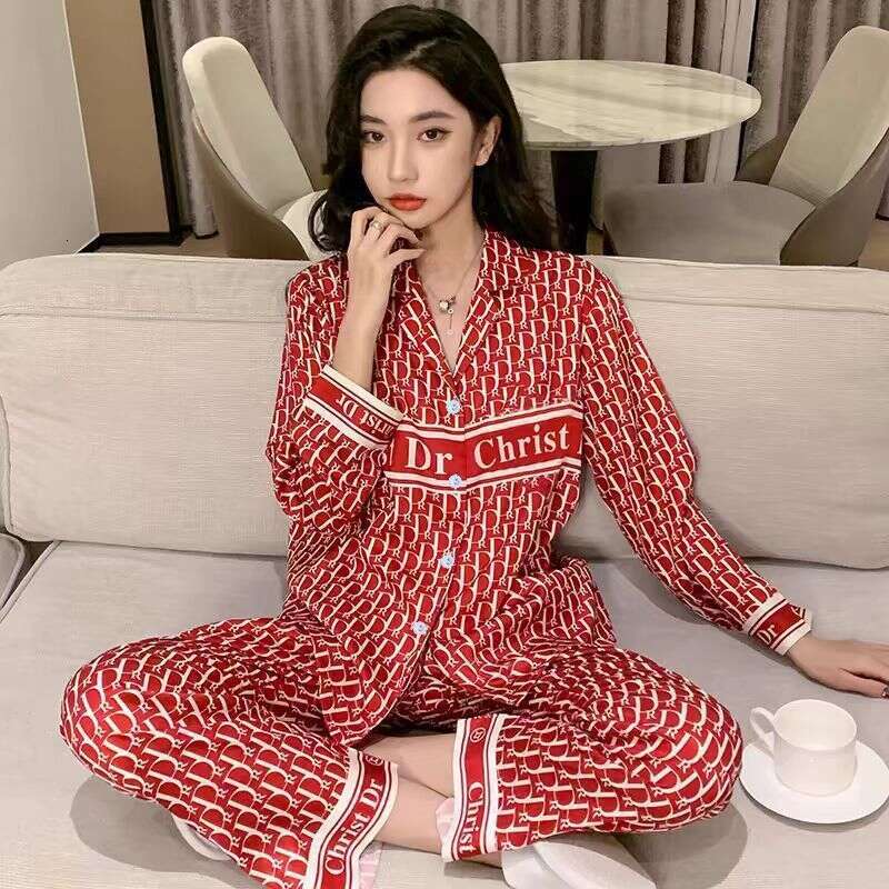 Women's Plus Size V-Neck Luxurious Pajamas, Spring And Autumn Cardigan Sleeve Long Pants Loose Home Wear Set 795