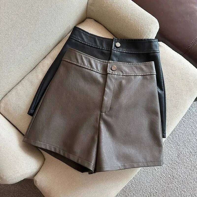 High Waist PU Women's Casual Autumn Winter Wide Leg Boot Pants A- Line Slim Fit Shorts Leather Fabric XJ260206