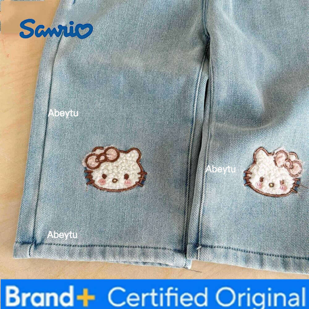Sanrio Children's Clothing Hot Hello Kitty Girls' Winter Lace Patchwork Jeans with Thick Fleece Wide Leg Pants Trendy Cute Embroidery H26020